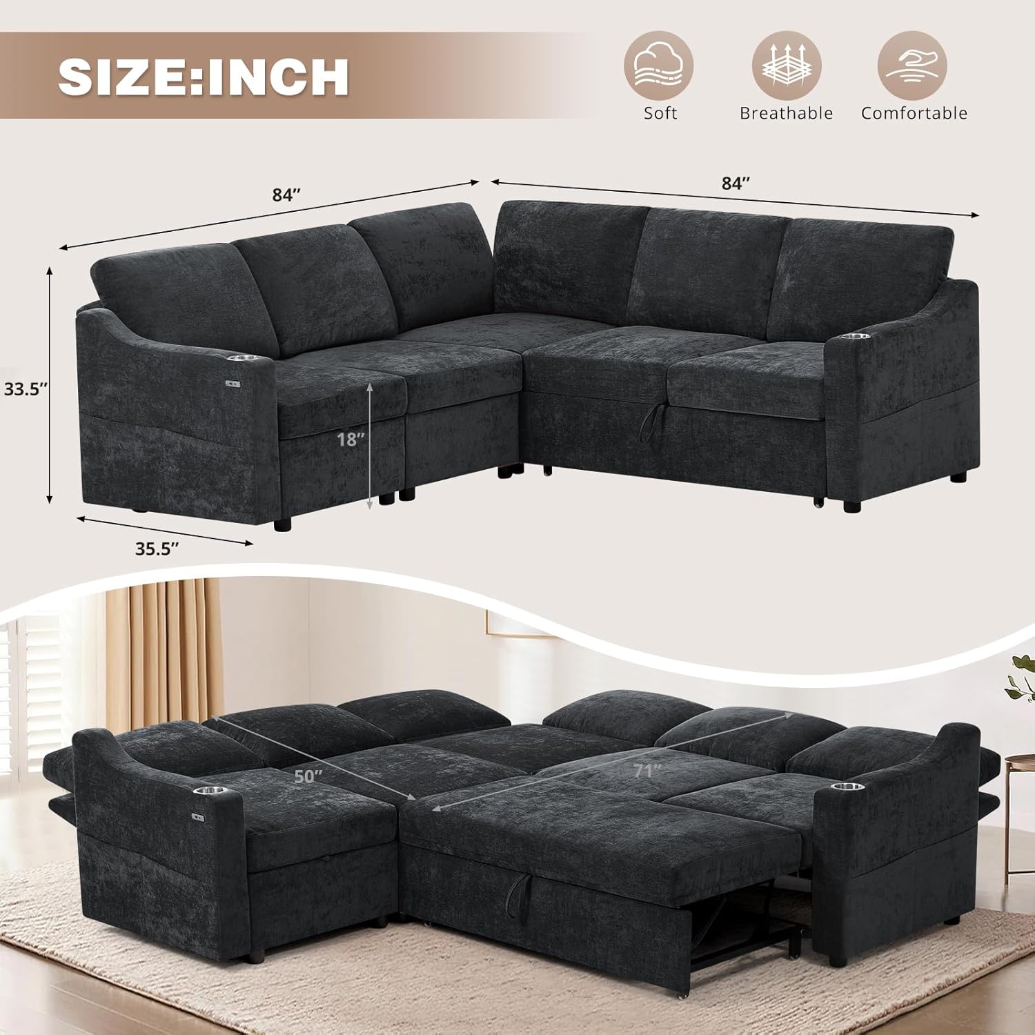 84" Chenille Modular Sleeper Sofa with Adjustable Backrests, Convertible Corner Sofa with USB Ports, L-Shape Sectional Couch with Pull-Out Bed & Storage Space for House, Living Room, Black