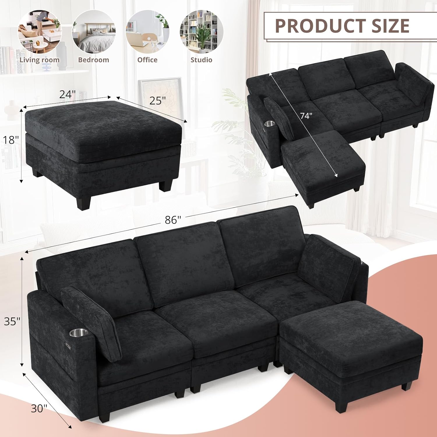 86 Inches Chenille 3-Seat Sofa w/Adjustable Backrests, Sectional Sofa w/Cup Holders & Movable Storage Ottoman, Upholstery Fabric Couch w/USB & Type-C Charging Ports for Living Room, Black