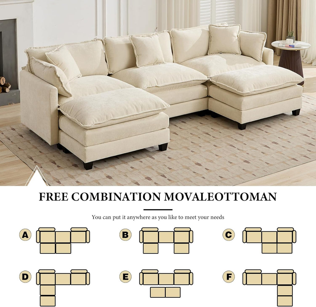 111.5" Beige Modular Sectional Sofa, 3 Seater Large Sectional Couches for Living Room, Ivory Off-White Chenille Fabric Oversized Cloud Couch with Ottoman, Modern Sofas Set, Sofas para Sala, U Shaped