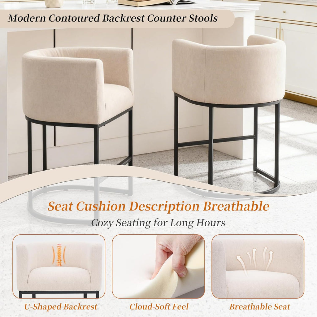26" Counter Height Bar Stools Set of 3, Linen Fabric Upholstered Kitchen Counter Bar Stools, Modern Barrel Accent Barstools for Island with Backrest and Arms, Black Metal Frames, Linen
