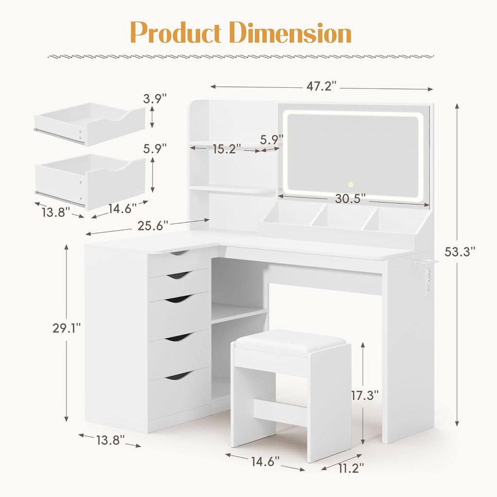 YESHOMY Vanity Desk with Lights and Mirror, L Shaped Makeup Table, Dresser with Hairdryer Holder and Power Outlet, Adjustable 3 Lighting Modes, 5 Drawers and Adjustabled Open Storage Shelves, White