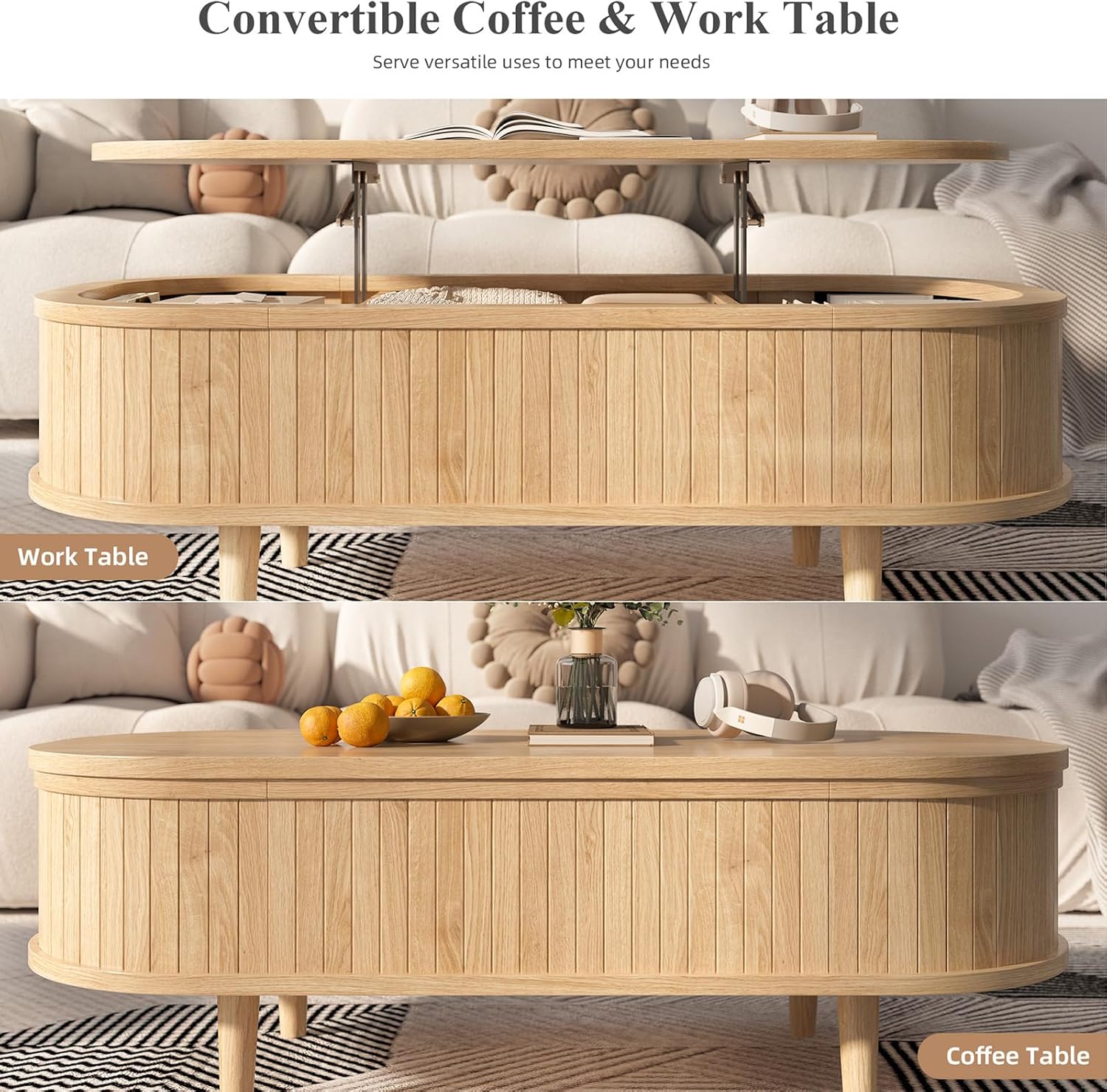 Easyego Oval Lift Top Coffee Table with Storage, 40" Fluted Modern Hidden Compartment Center Table for Living Room, Small Space Apartment, Home Office Desk, Natural