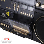 aiwa Retro Boombox BackTrack CD Player with Cassette Recording  Bluetooth 5.0  FM/AM Radio  USB/SD/AUX Inputs  VU Meters  LCD Display  Dual 40W Speakers (Black and Gold)