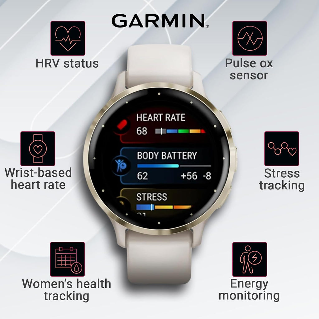 Wearable4U - Garmin Venu 3S GPS Smartwatch  AMOLED Display 41 mm Watch  Advanced Health and Fitness Features  Up to 10 Days of Battery  Sleep Coach  Ivory Case with White Earbuds Bundle