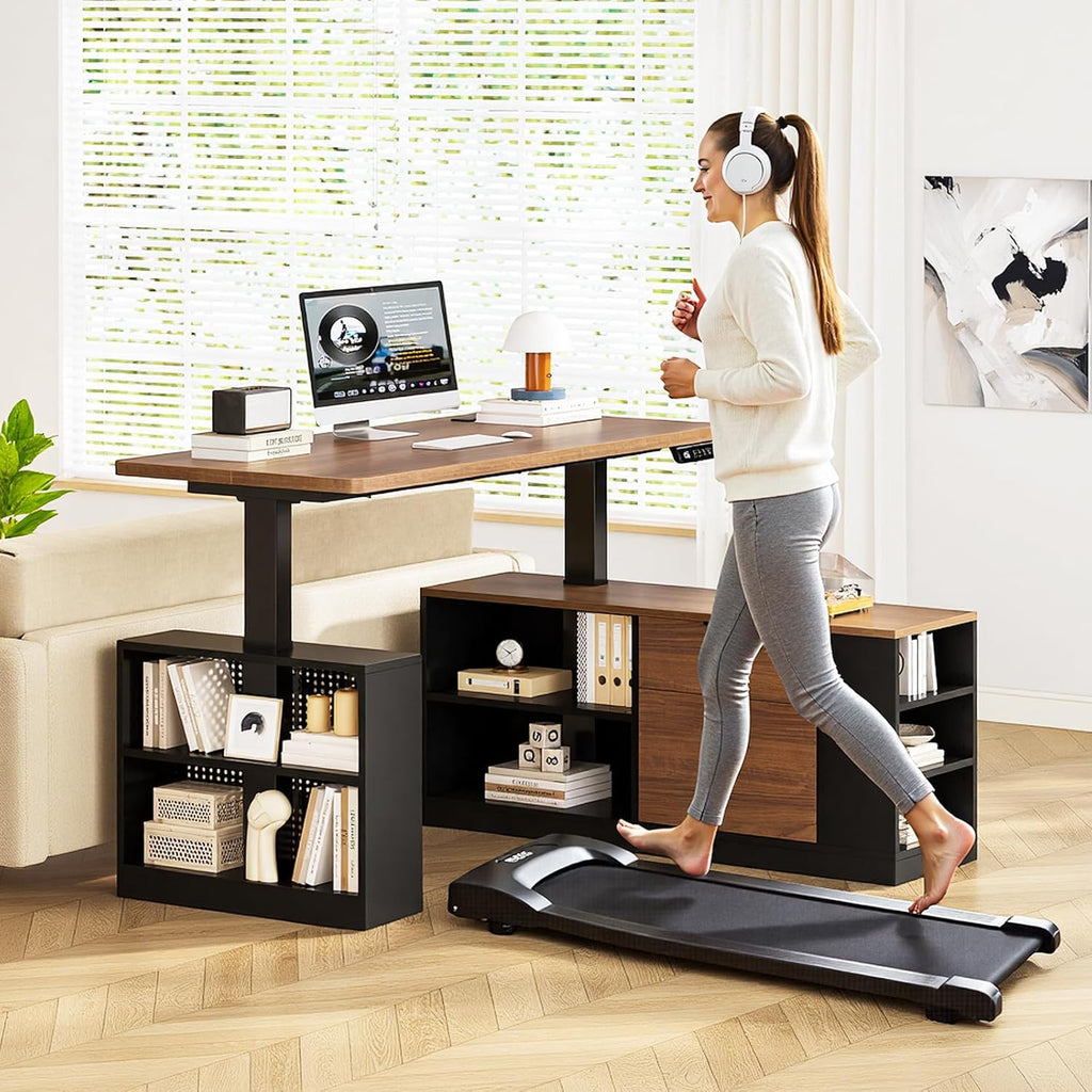 L Shaped Standing Desk Adjustable Height, 53" Electric Office Desk with File Drawers & Storage Shelves, Sit Stand Corner Computer Desk with Power Outlets, Pegboard, 6 Hooks, Black & Walnut