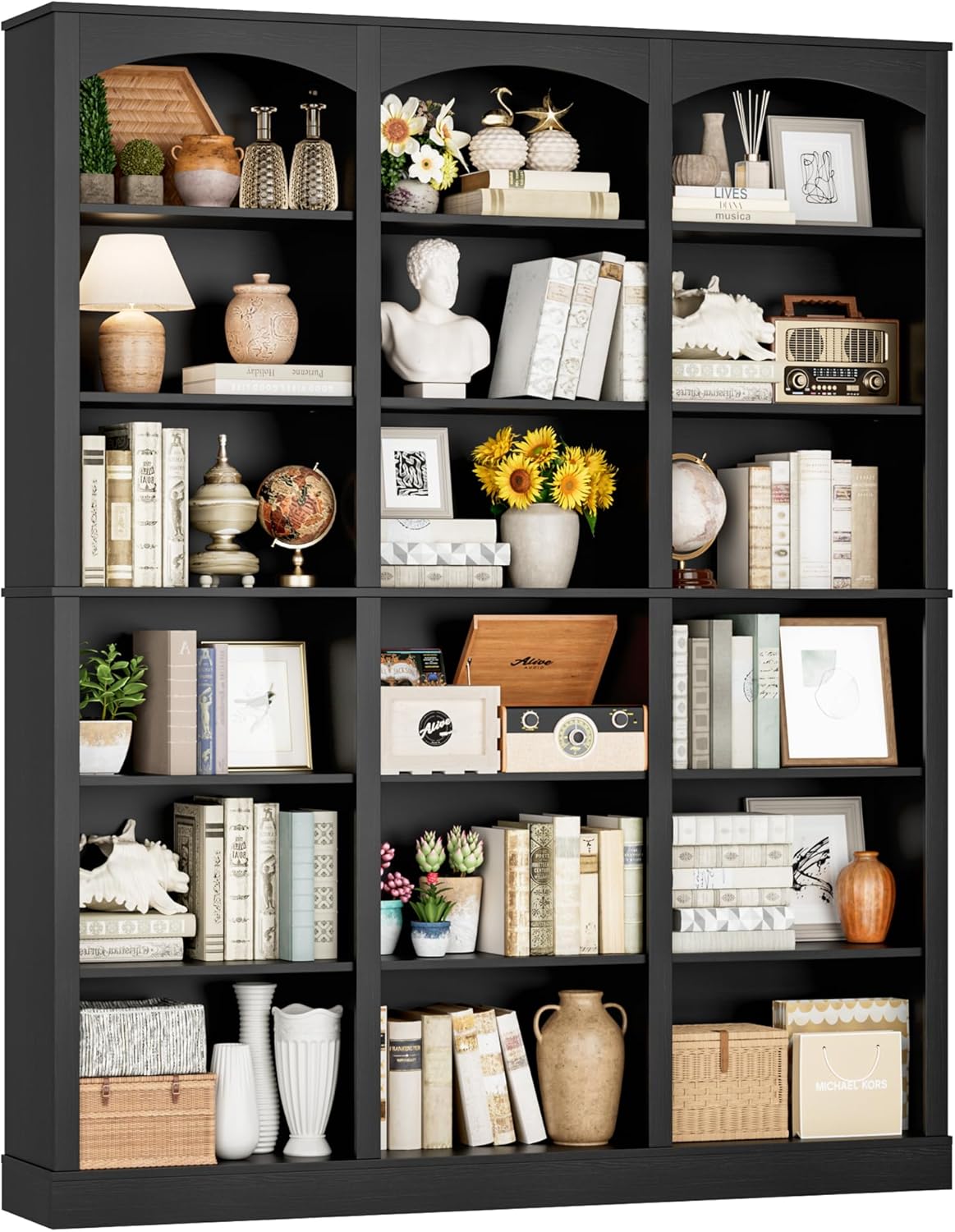 FACBOTALL 71" Triple Wide Bookshelf, 6 Tier Tall Bookshelf, Large Book Shelf with Curved Baffle, 63.4" Wide Bookcase with 18 Open Display Shelves for Living Room, Study, Black