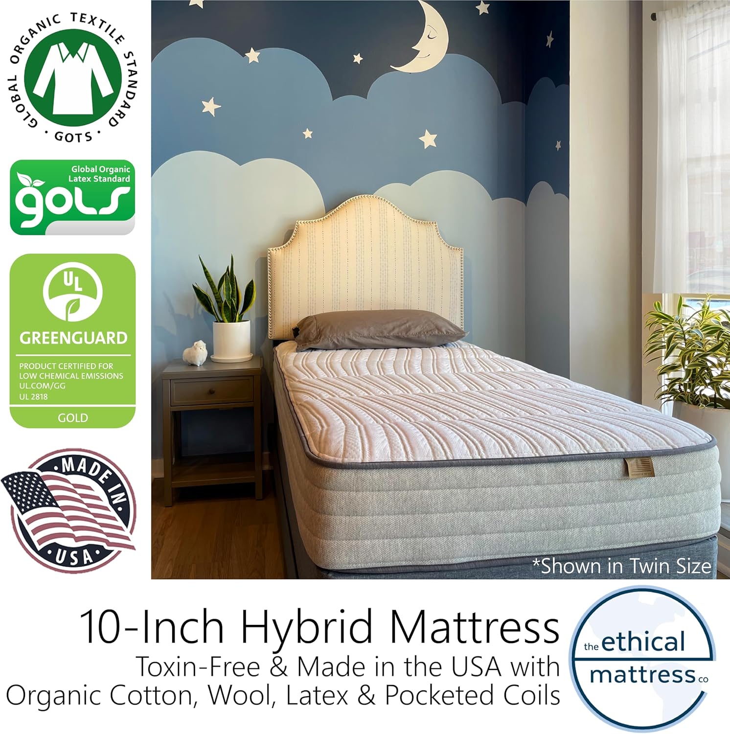 Ethical Mattress CO 10" Toxin-Free Hybrid Mattress, Made in The USA with Organic Cotton, Wool, Latex & Pocketed Coils (No Fiberglass or Polyfoams) Comfortable & Supportive Bed-in-Box - Queen Size