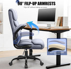 Primy Office Chair, Ergonomic Leather Desk Chair with Flip-up Armrests, Big and Tall High Back Executive Computer & Gaming Chair with Footrest, Comfy Padded, Rocking Function and Lumbar Support(Gray)