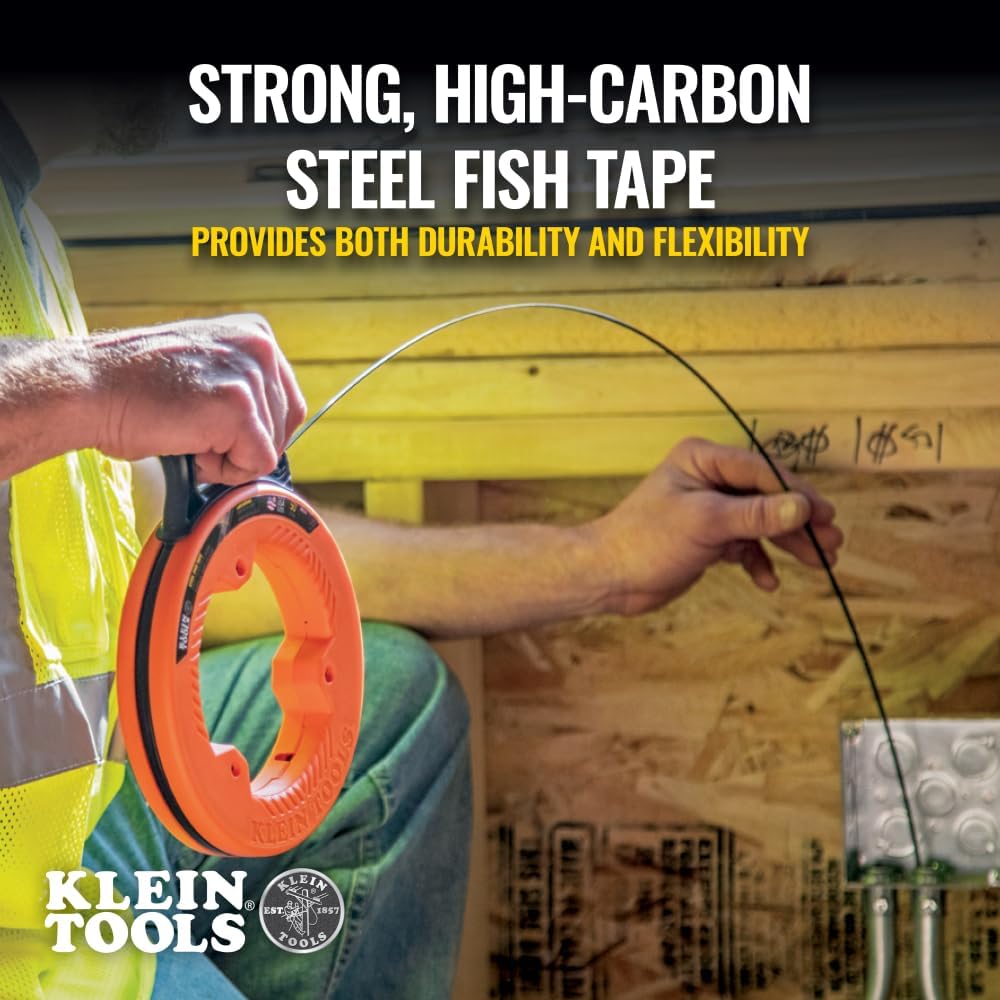 Klein Tools 56334 Electrical Fish Tape, Steel Wire Puller with Double Loop Tip, Optimized Housing and Handle for Heavy Duty Wire Pulls, 240-Foot