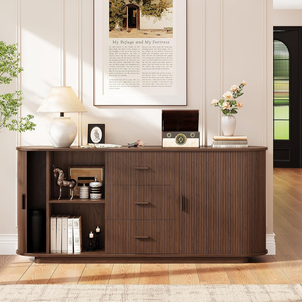 ONBRILL 63" Fluted Sideboard Buffet Cabinet with 3 Drawers & 2 Doors, Mid-Century Modern Buffet Sideboard Cabinet with Storage, Coffee Bar Table with Adjustable Shelf for Kitchen, Living Room, Walnut