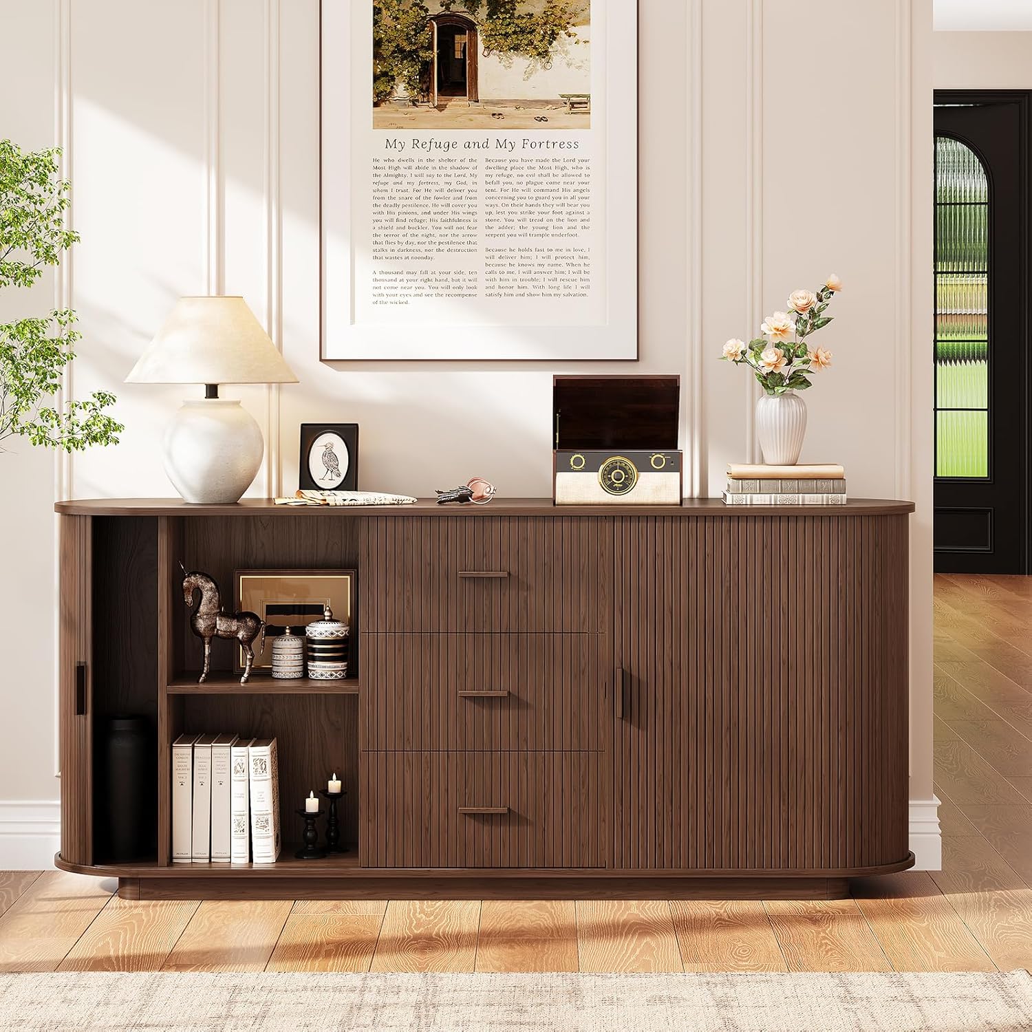 ONBRILL 63" Fluted Sideboard Buffet Cabinet with 3 Drawers & 2 Doors, Mid-Century Modern Buffet Sideboard Cabinet with Storage, Coffee Bar Table with Adjustable Shelf for Kitchen, Living Room, Walnut