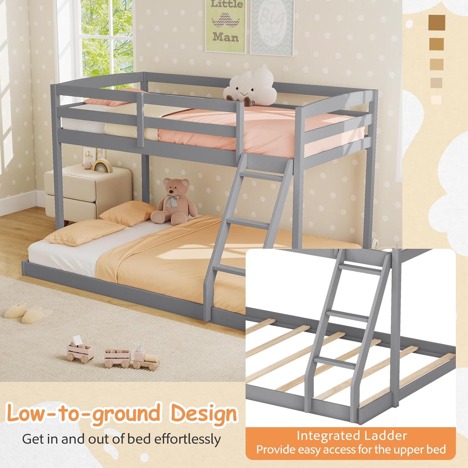 KOMFOTT Low Bunk Bed Twin Over Full, Solid Wood Twin Bed Frame with Built-in Ladder & Safety Guardrails, Space-Saving Low Bunk Bed for Kids, Teens, No Box Spring Needed