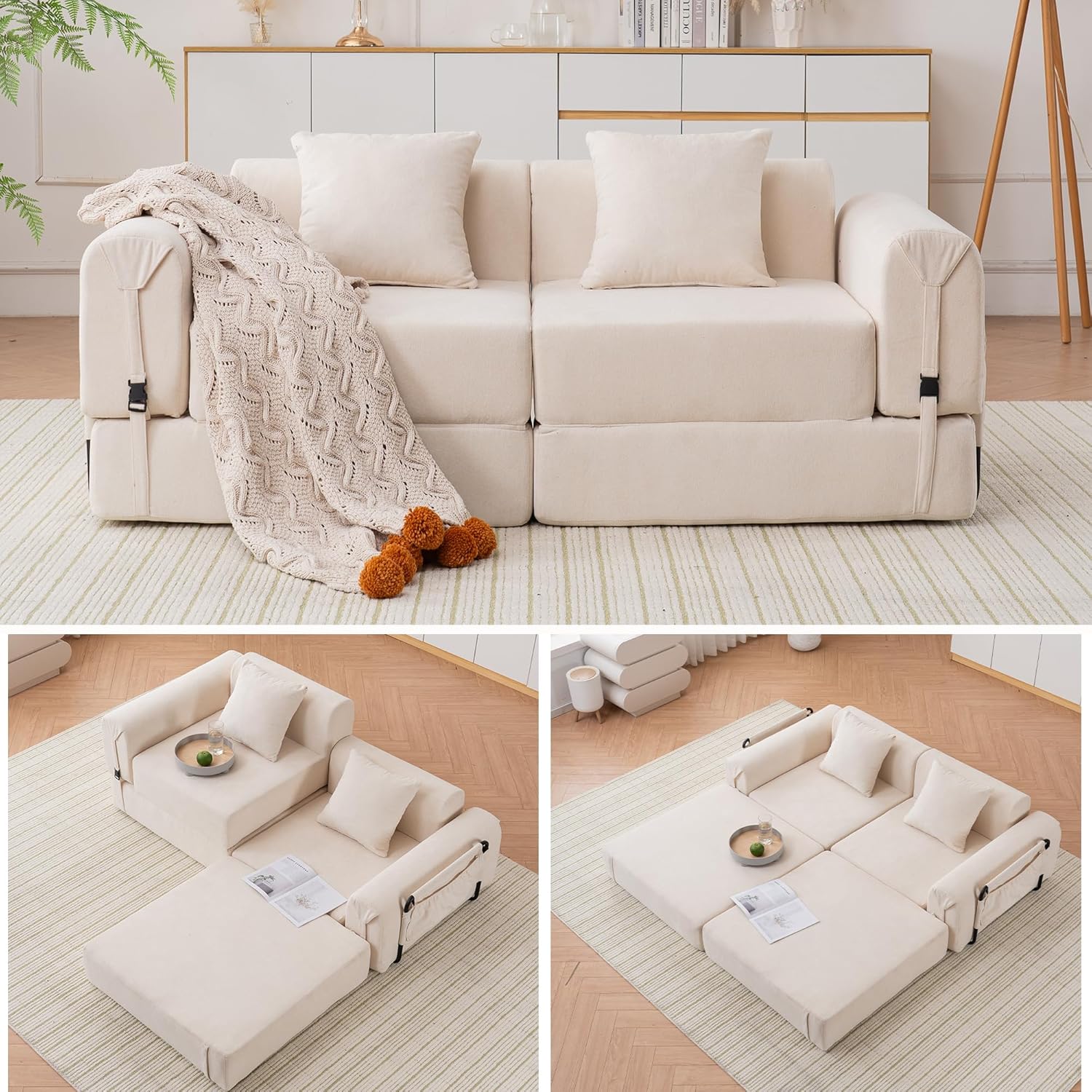 GNIXUU 71.3" Convertible Sleeper Sofa Bed, Modern Convertible Boneless Couch with Foldable/Pull Out Bed, Compressed Modular Futon Couch with Pillows & Storage Pocket for Living Room Bedroom, Beige