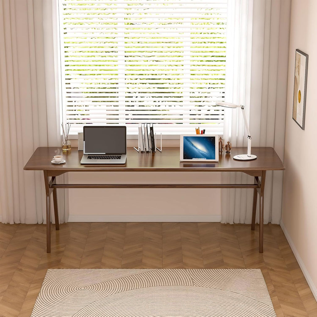 Solid Wood Study Desk - 71" Double Long Computer Table for Home Office, 2-Person PC Workstation, Walnut