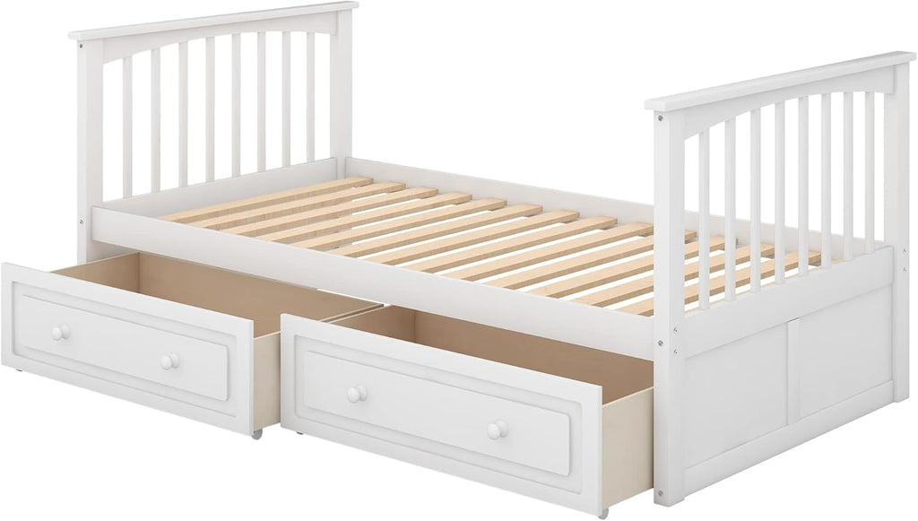 Merax Twin Over Twin Bunk Bed with 2 Storage Drawers and Ladder, Can be Devided into 2 Beds, No Spring Box Needed, White