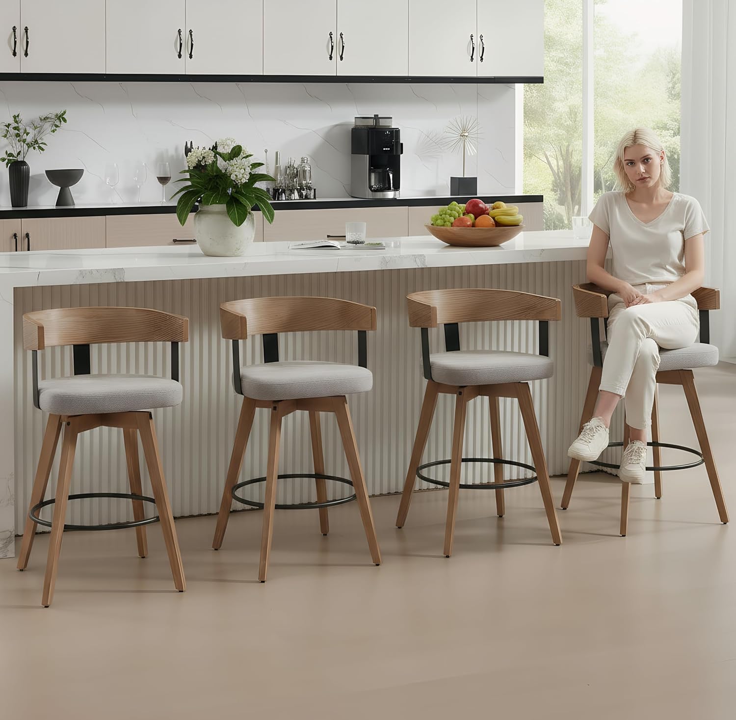DUOMAY Swivel Bar Stools Set of 4, 26" Counter Height Bar Stool with Footrest Modern Wood Barstools with Linen Upholstered Seat Counter Stools for Kitchen Island Home Bar,Grey
