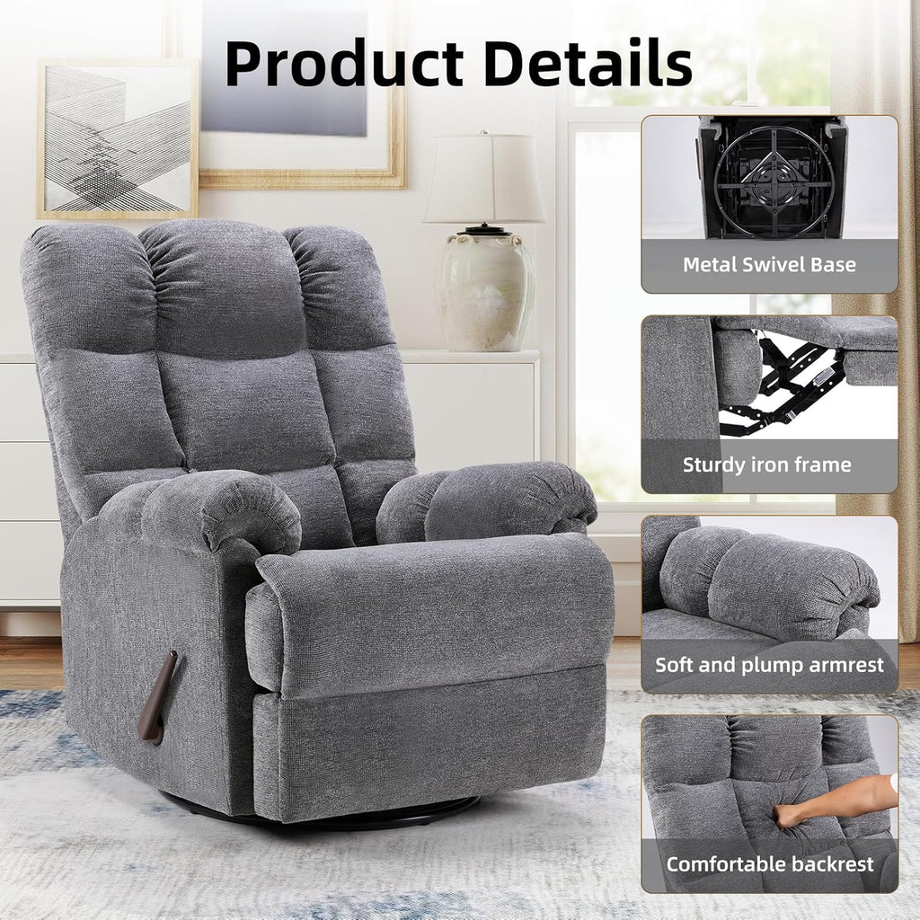 CANMOV Swivel Rocker Recliner for Adults, Glider Rocking Reclining Chair for Nursery, Manual Recliner Chair with Overstuffed Back and Arms for Living Room Bedroom Nursery, Grey