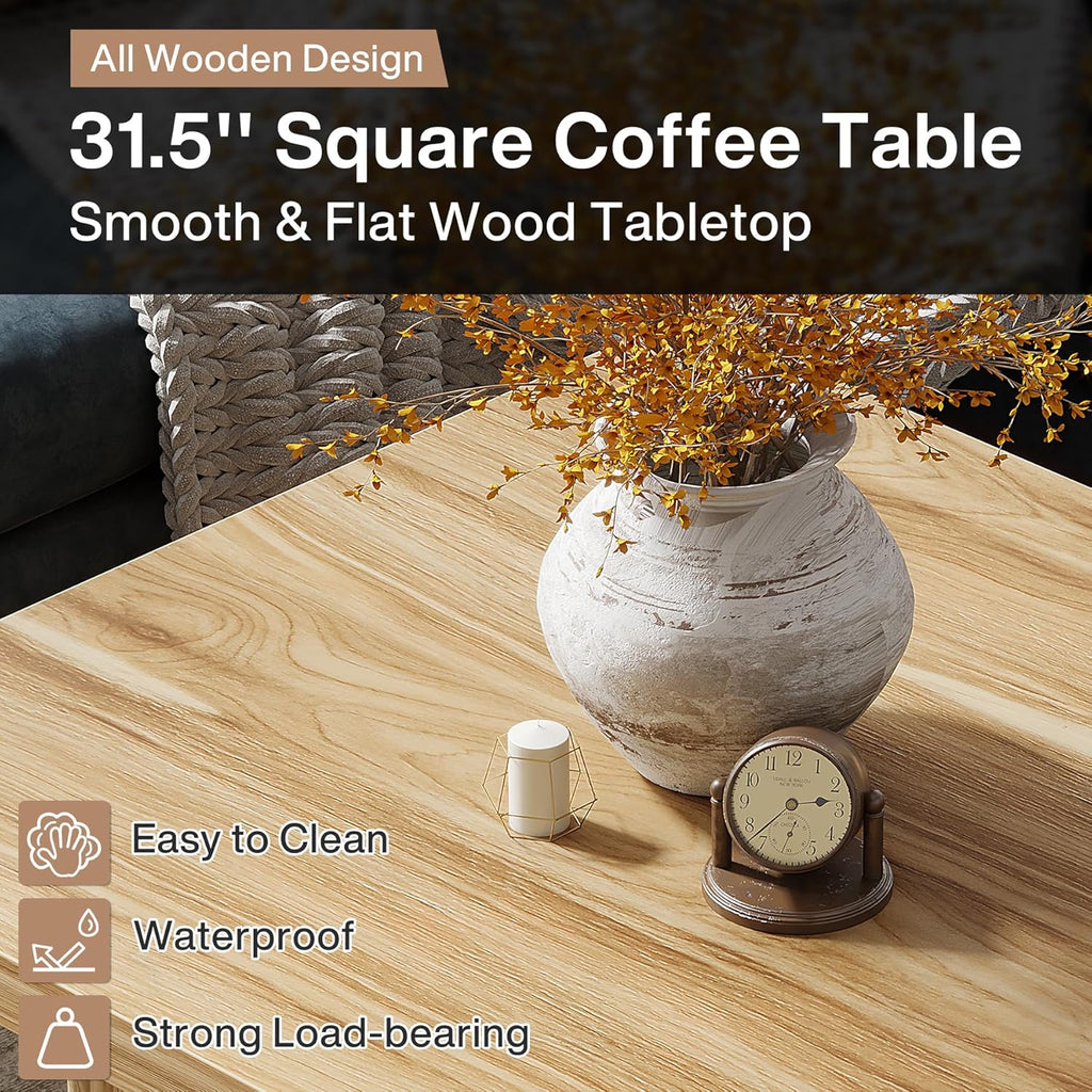 Tribesigns Square Coffee Table, 31.5-Inch Fluted Coffee Table, Mid-Century Modern Living Room Table, Large Cocktail Table for Living Room, Easy Assembly, Oak