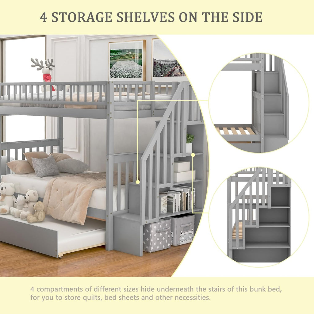 Merax Twin Over Twin Bunk Bed with Trundle, Storage Staircase and Full Length Guardrail, Solid Wood Stairway Bunk Bed, No Spring Box Needed (Grey)