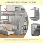 Merax Twin Over Twin Bunk Bed with Trundle, Storage Staircase and Full Length Guardrail, Solid Wood Stairway Bunk Bed, No Spring Box Needed (Grey)