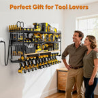 POKIPO 49.5" W Large Power Tool Organizer with Charging Station, 4 Layer Heavy Duty Utility Rack Loads 800lbs, Holds 12 Cordless Drills, Wall Mount Tool Shelf with 8-Outlet Power Strip, Gift for Men