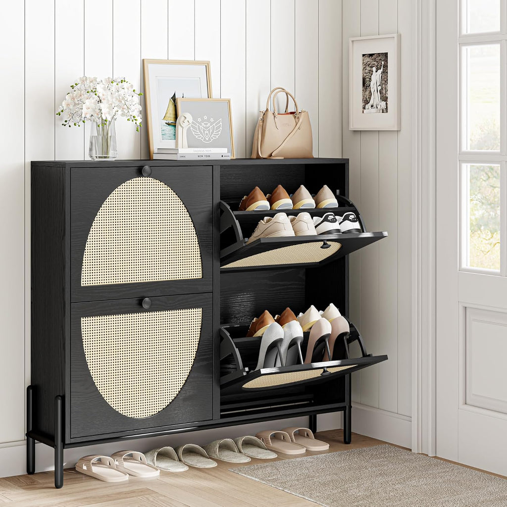 IRONCK Rattan Shoe Cabinet Storage with 4 Flip Drawers, Freestanding Shoe Storage Organizer Cabinet for Entryway, Narrow Shoe Rack Cabinet, Matte Black