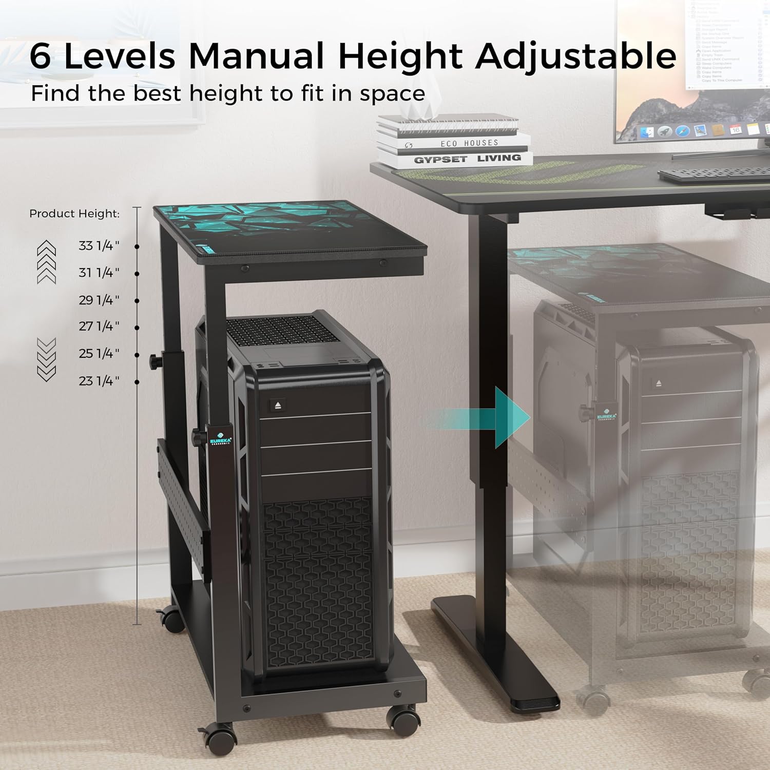 EUREKA ERGONOMIC PC Stand Computer Cart, Height Adjustable Tower Stand 2-Tier Suit for ATX Case Printer, Metal Rolling Cart on Wheels for Gaming Home Office, Black