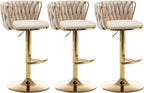 Velvet Bar Stools Set of 3, Counter Height Bar Chairs with Low Back, Gold Swivel Bar Stools for Kitchen Island, Pub (Beige)