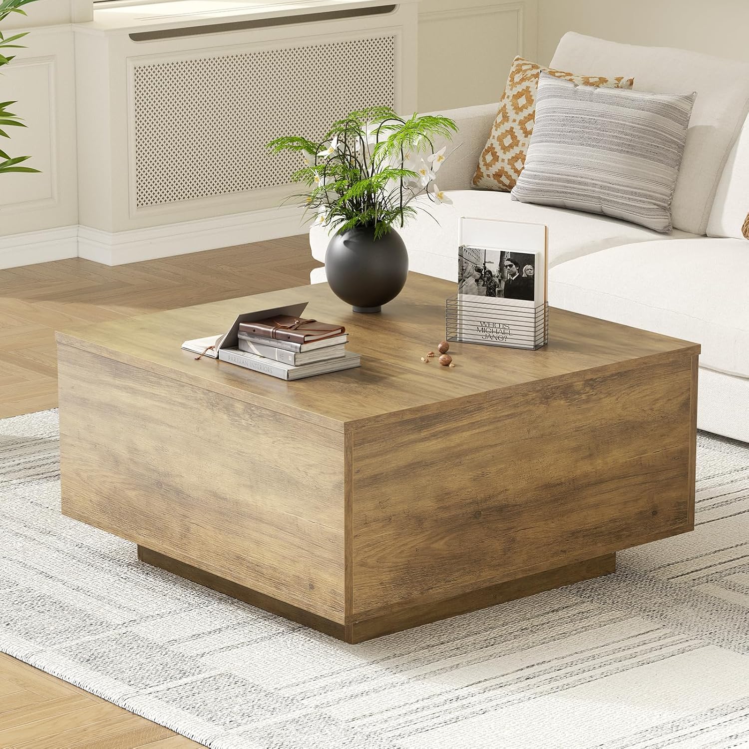 FABATO Lift Top Coffee Table, Wood Square Coffee Table with Storage, Farmhouse Coffee Tables with Hidden Storage Compartment, Center Table with Lifting Tabletop for Living Room, Home Office, Oak