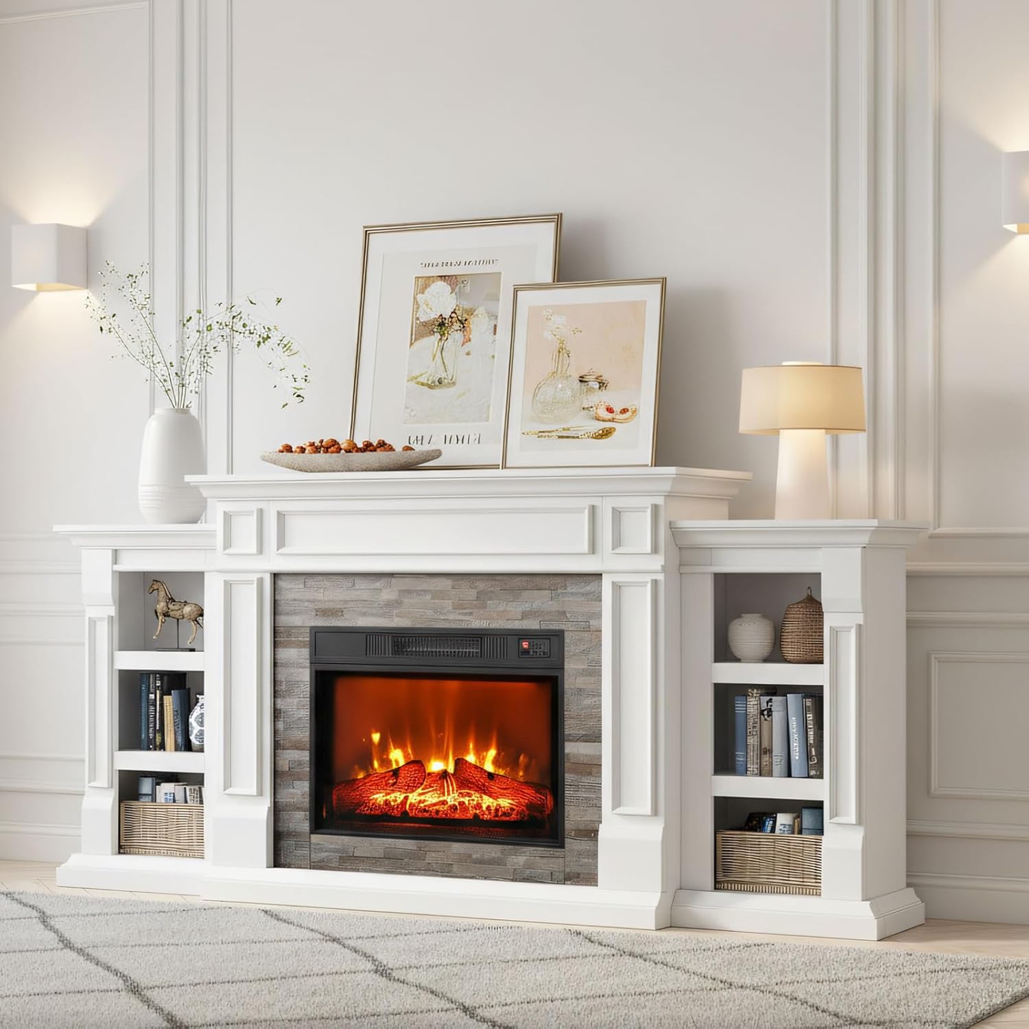 LGHM 72" Electric Fireplace with Mantel, Fireplace TV Stand for TVs Up to 80 Inch, Modern Entertainment Center with Storage, Fireplace Heater Insert with Realistic 3D Flame for Living Room, Bedroom