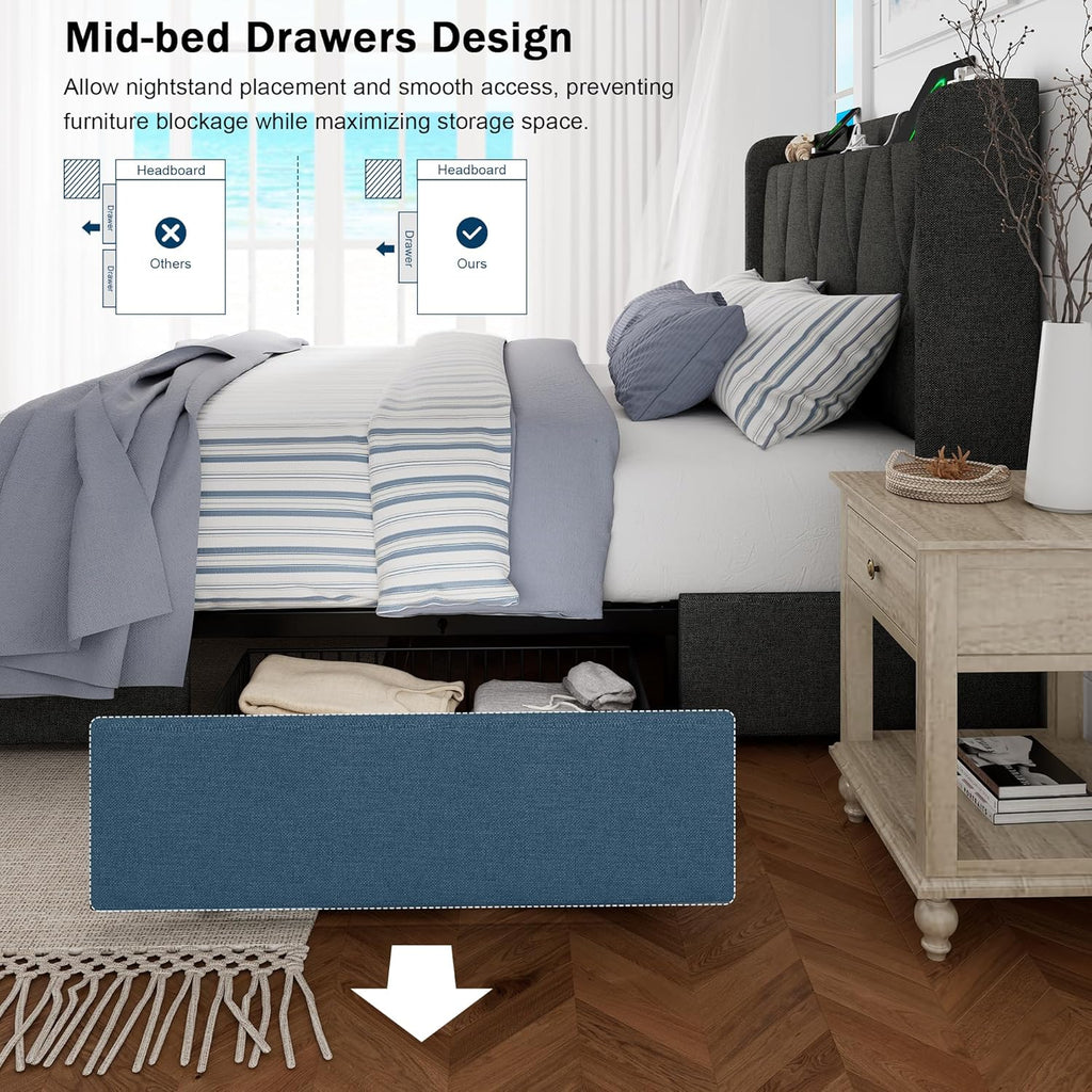 Queen Bed Frame with 4 Storage Drawers, Upholstered Platform Bed with Charging Station, Modern Wingback Storage Headboard, Easy Assembly,Noise-Free, Black