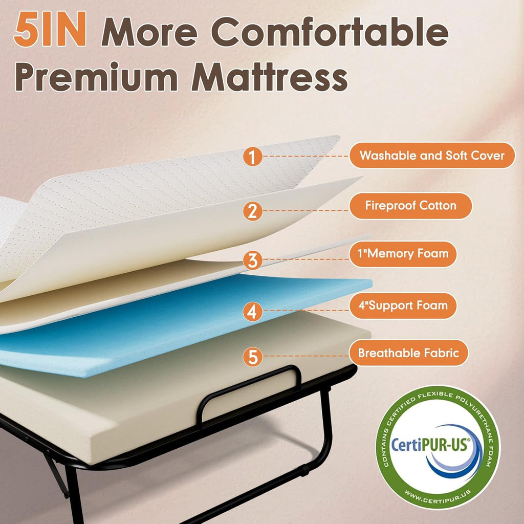 75" x 31" Folding Bed with Mattress for Adults, Rollaway Bed with Mattress, Foldable Bed with 5" Memory Foam Mattress, Space-Saving Sturdy Metal Frame for Bedroom & Office