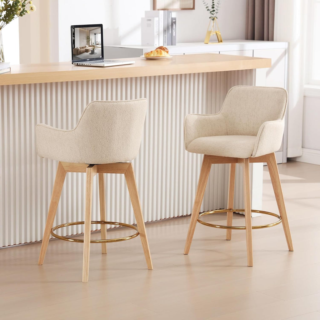 ONEVOG Modern 26" Counter Height Bar Stools Set of 4, Swivel Kitchen Island Tall Chairs with Back, Arm, Footrest and Solid Wood Legs, Linen Fabric Upholstered Farmhouse Barstools for Countertop, Beige