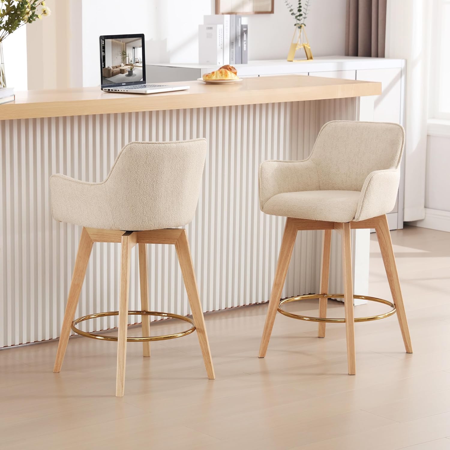 ONEVOG Modern 26" Counter Height Bar Stools Set of 4, Swivel Kitchen Island Tall Chairs with Back, Arm, Footrest and Solid Wood Legs, Linen Fabric Upholstered Farmhouse Barstools for Countertop, Beige