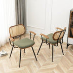 Rattan Dining Room Chairs Set of 2,Mid Century Modern Kitchen Side Chairs,Metal Legs Desk Chairs,Green Modern Corduroy Fabric Accent Chairs with Arms and Rattan Backrest