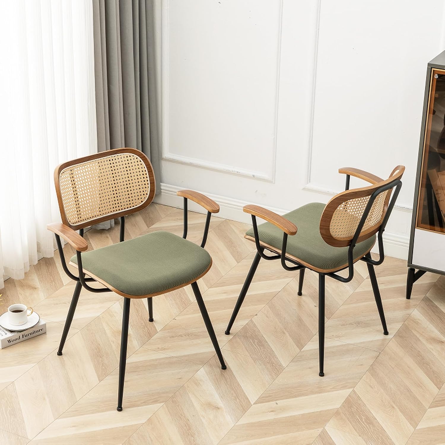 Rattan Dining Room Chairs Set of 2,Mid Century Modern Kitchen Side Chairs,Metal Legs Desk Chairs,Green Modern Corduroy Fabric Accent Chairs with Arms and Rattan Backrest