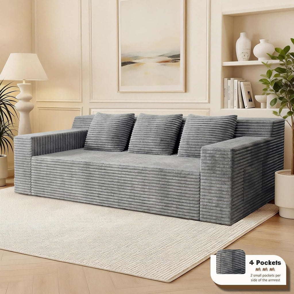 71" Corduroy Living Room Sofa, 3 Setaser Deep Seat Couch with 3 Lumbar Pillows, Comfy Boneless Sofa Modern Compressed Couch for Bedroom, Office, Apartment, No Assembly, Flat Armrests (Light Grey)