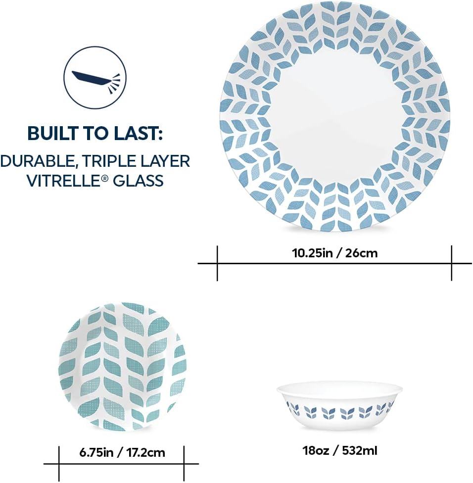 Corelle Global Collection Vitrelle 18-Piece Dinnerware Set Triple Layer Recycled Glass, Lightweight Eco-Friendly Round Plates and Bowls Set, Northern Pines
