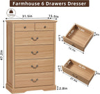 6 Drawer Dresser,Farmhouse Wood Chest of Drawers for Bedroom,47" Tall Dresser with Rustic Handles,Wood Drawer Organizer for Living Room,Hallway,Closet,Natural