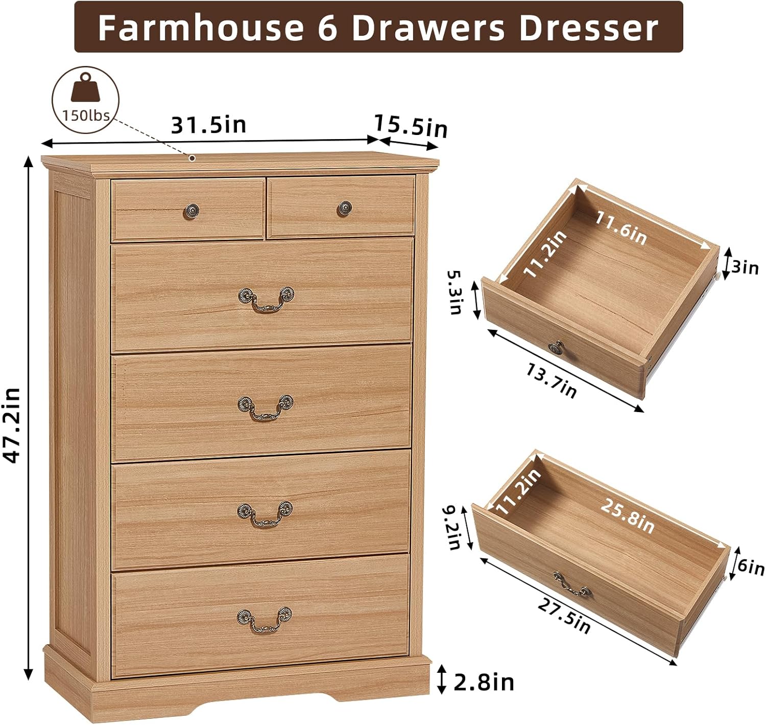 6 Drawer Dresser,Farmhouse Wood Chest of Drawers for Bedroom,47" Tall Dresser with Rustic Handles,Wood Drawer Organizer for Living Room,Hallway,Closet,Natural