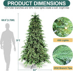 7FT Prelit Christmas Tree, Pre Lit Artificial Christmas Tree with 450 Lights and 2532 Branch Tips, Lighted Hinged Xmas Tree with Foldable Metal Stand for Party, Holiday, Home, Office