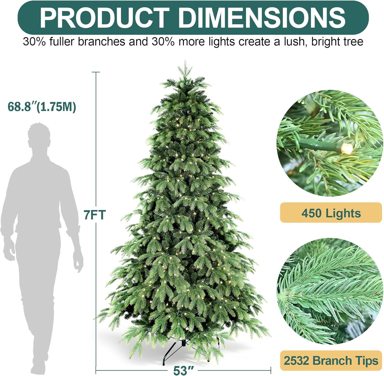 7FT Prelit Christmas Tree, Pre Lit Artificial Christmas Tree with 450 Lights and 2532 Branch Tips, Lighted Hinged Xmas Tree with Foldable Metal Stand for Party, Holiday, Home, Office