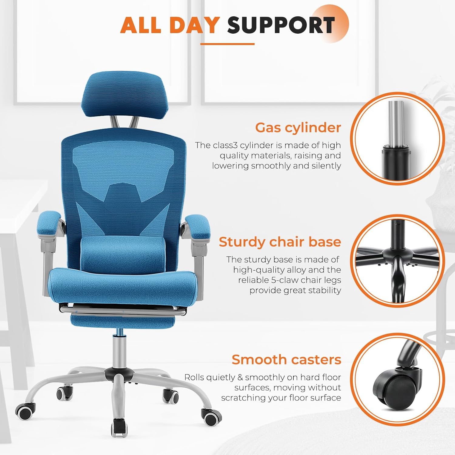 Sweetcrispy Office Computer Desk Chair, Ergonomic High-Back Mesh Rolling Work Swivel Chairs with Wheels, Comfortable Lumbar Support, Comfy Arms for Home, Bedroom, Study, Student, Blue