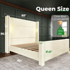Queen Bed Frame with 56.7" Tall Headboard & Reading Lights, Corduroy Upholstered Wingback Platform Bed with Charging Station, Modern Retro Design, Noise Free, No Box Spring Required, Cream