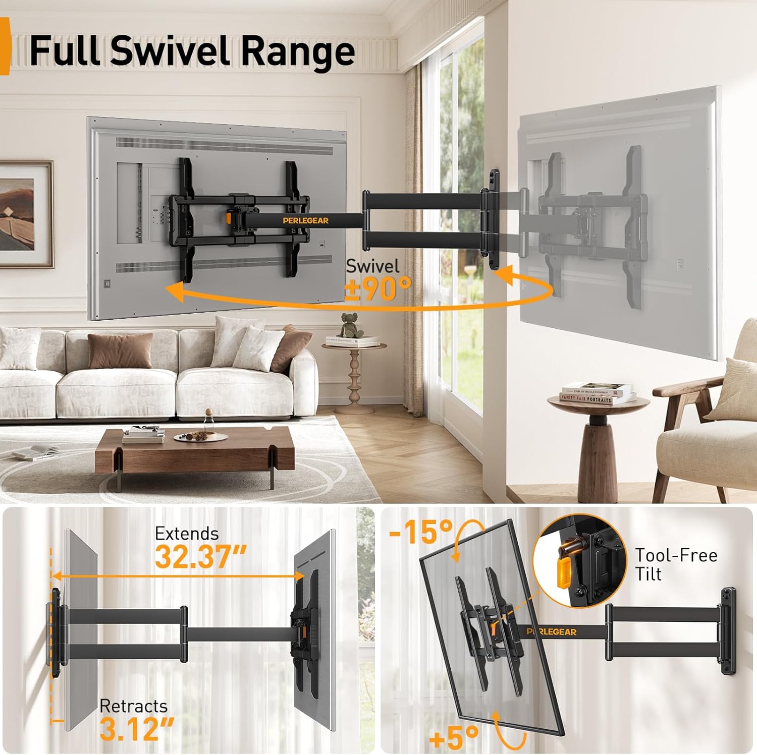 Perlegear Corner TV Wall Mount Long Arm TV Mount Bracket for 37-75 Inch TVs-Full Motion Wall Mount with 32.37” Extension & Swivel Articulating Arm & Tilt, MAX VESA 600x400mm, Holds up to 100 lbs