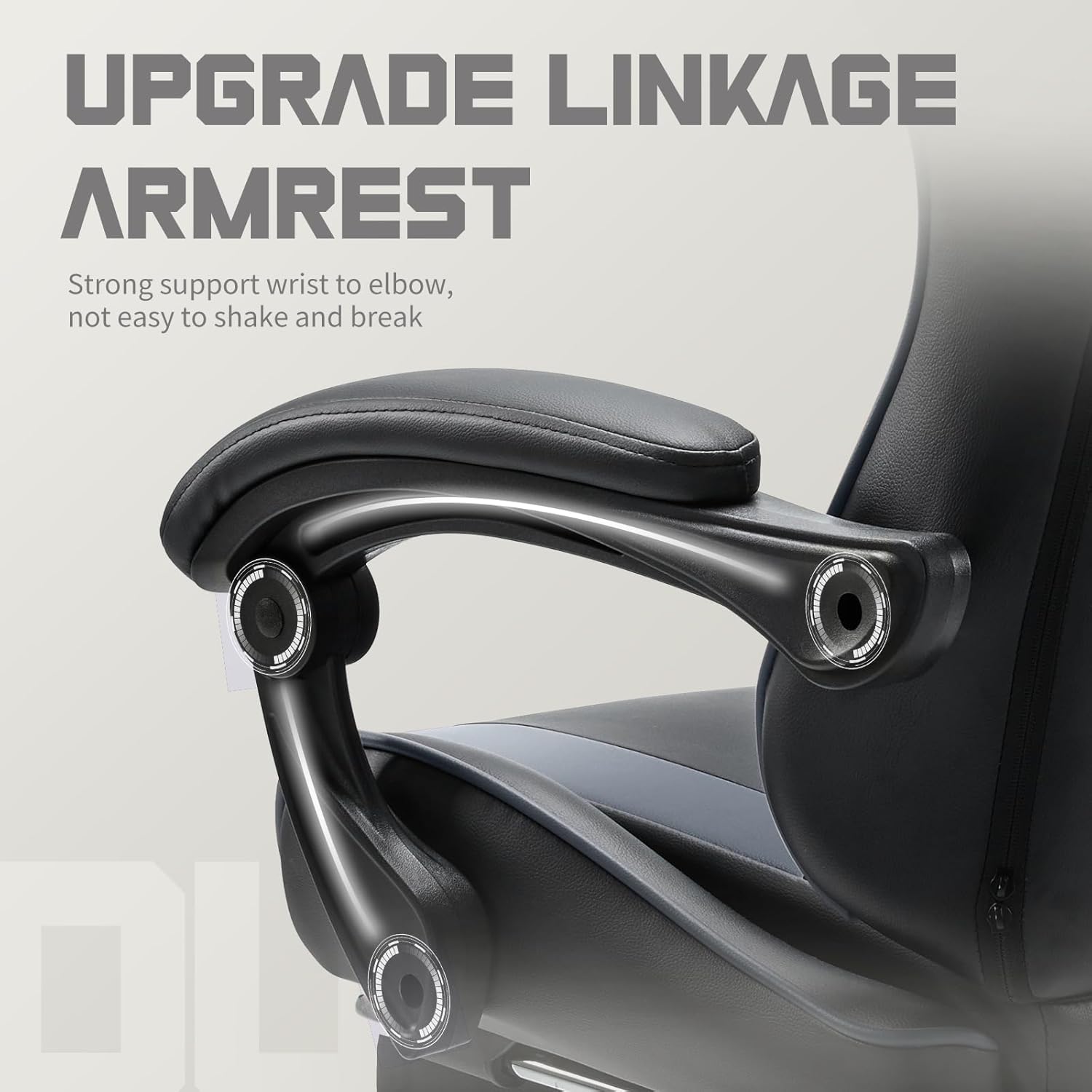 DUMOS Ergonomic Gaming Office Desk Chair with Footrest and Headrest for Adults, PU Leather Video Computer Chair with Linkage Armrests, Height Adjustable 360° Swivel Recling Chair, Black Grey