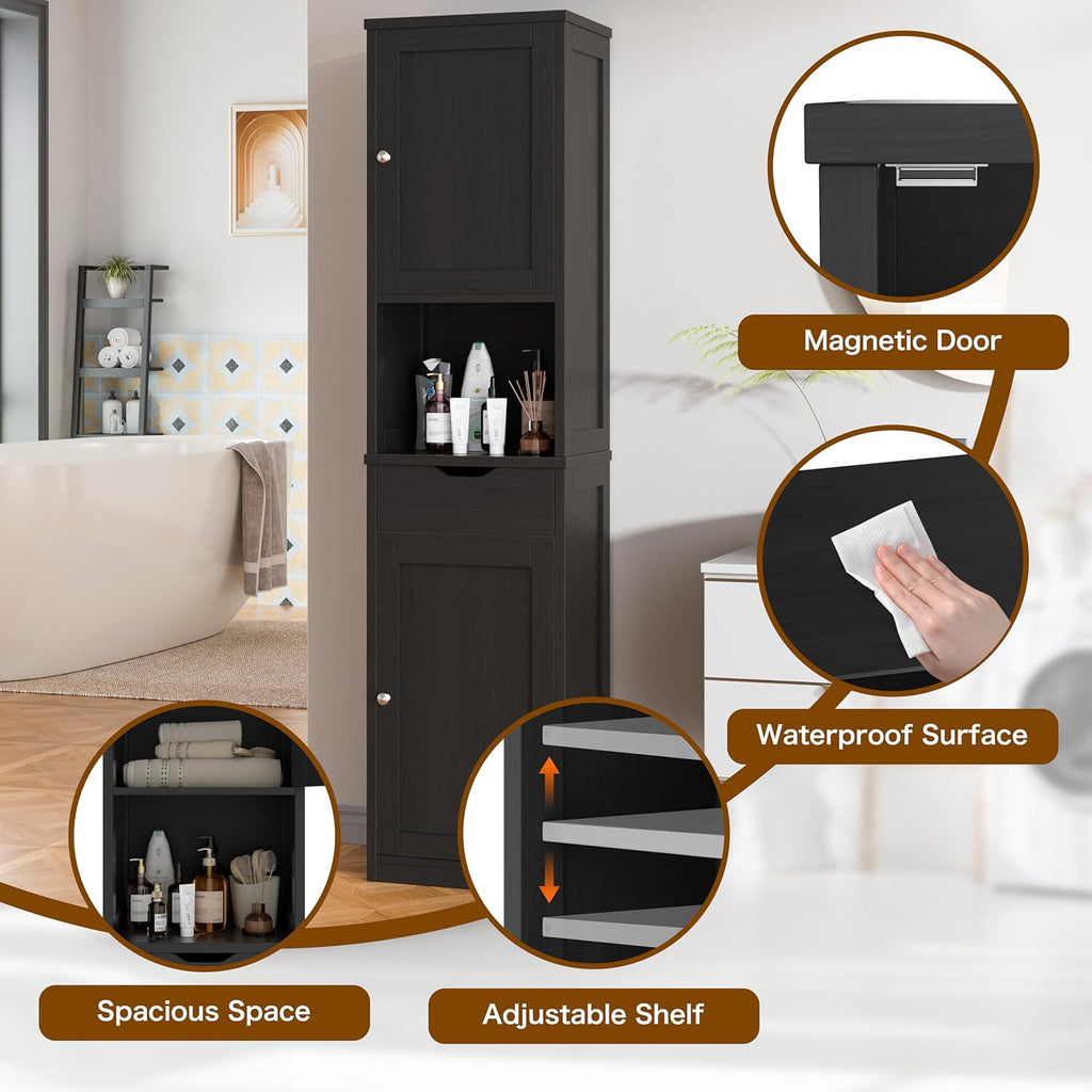 Walsunny Tall Bathroom Storage Cabinet with Freestanding Adjustable Shelves, Narrow Storage Linen Cabinet with 2 Doors and 1 Drawer for Bathroom, Living Room, Kitchen, Black