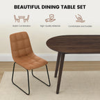 63" Oval Dining Table Set for 4, 5 Piece Modern Dining Table Set for Kitchen and Dining Room, Solid Wood Legs Dining Table with 4 Checkered PU Leather Dining Chairs（Walnut Table+4 Brown Chairs)