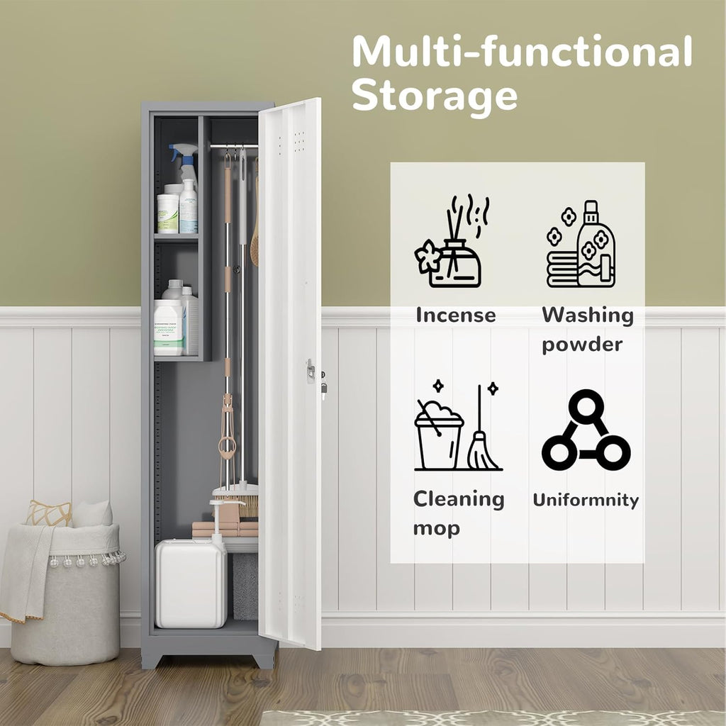 Metal Garage Storage Cabinet,Broom Closet Storage Cabinet,Utility Closet Cabinet for Garage,Office,Gym,Grey-White