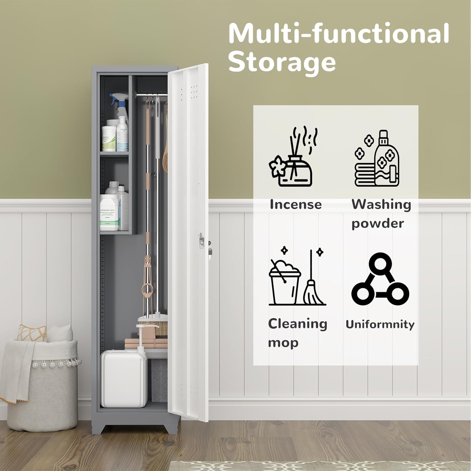 Metal Garage Storage Cabinet,Broom Closet Storage Cabinet,Utility Closet Cabinet for Garage,Office,Gym,Grey-White